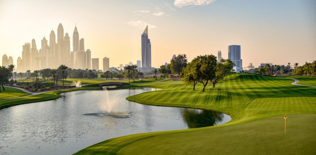Golf course with a lake and the Dubai skyline behind at sunset